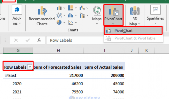 How to insert a clustered column pivot chart in excel